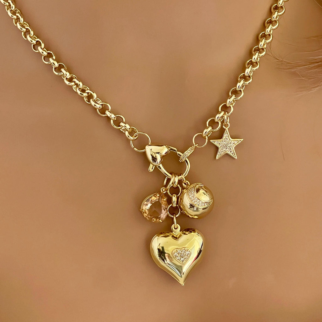 Gold Charm Necklace – Micro Pave Star, Heart, Peach Crystal