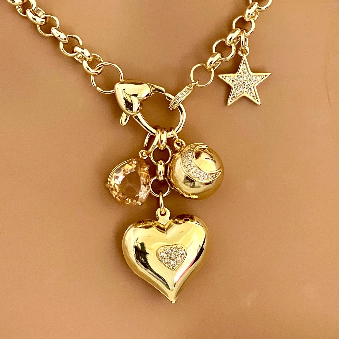 Gold Multi Charm Necklace-Gold Micro Pave Charms-Peach Crystal Pendant- Moon Pendant-Heart Pendant-CZ Star Charm-Rolo Chain-Lobster Clasp