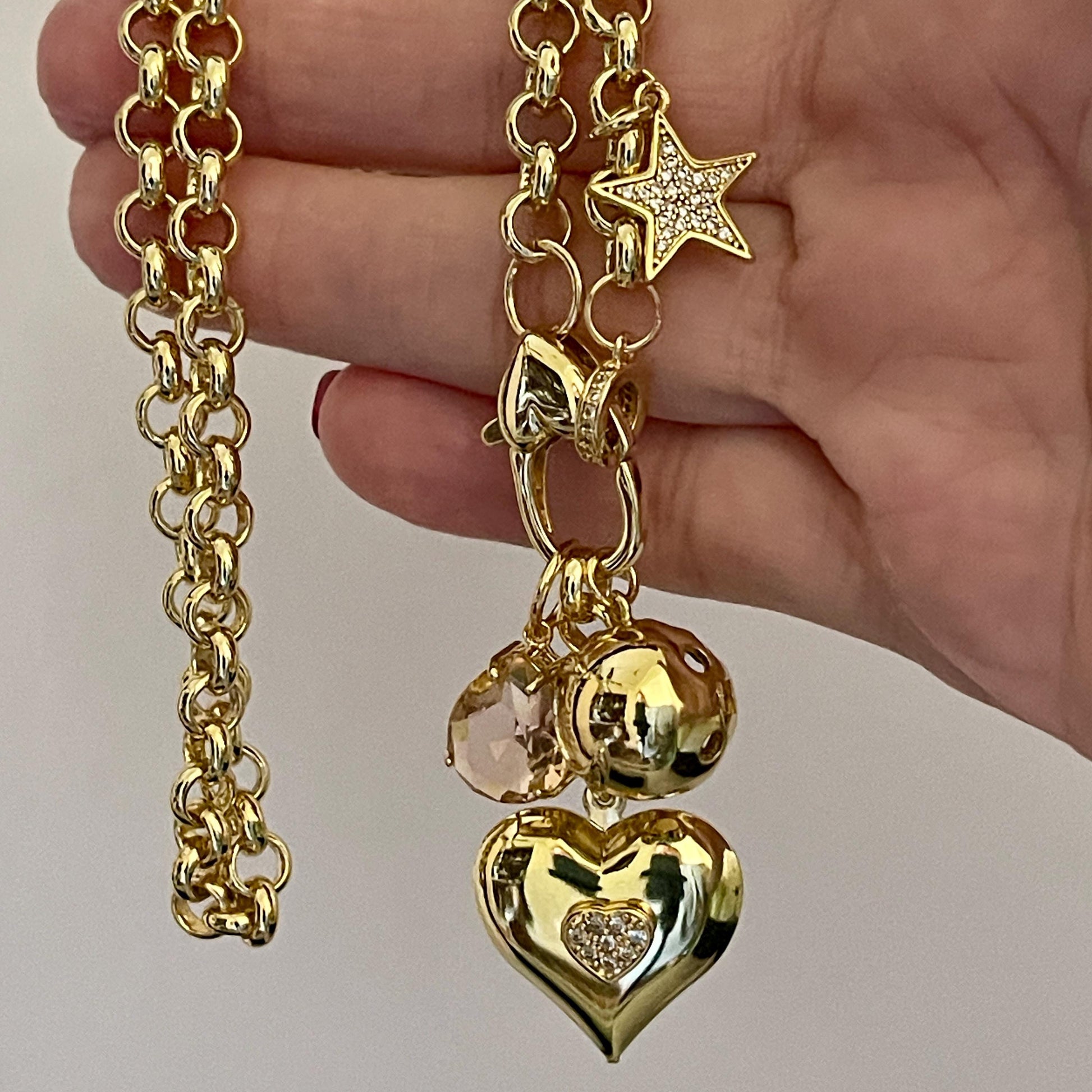 Gold Multi Charm Necklace-Gold Micro Pave Charms-Peach Crystal Pendant- Moon Pendant-Heart Pendant-CZ Star Charm-Rolo Chain-Lobster Clasp