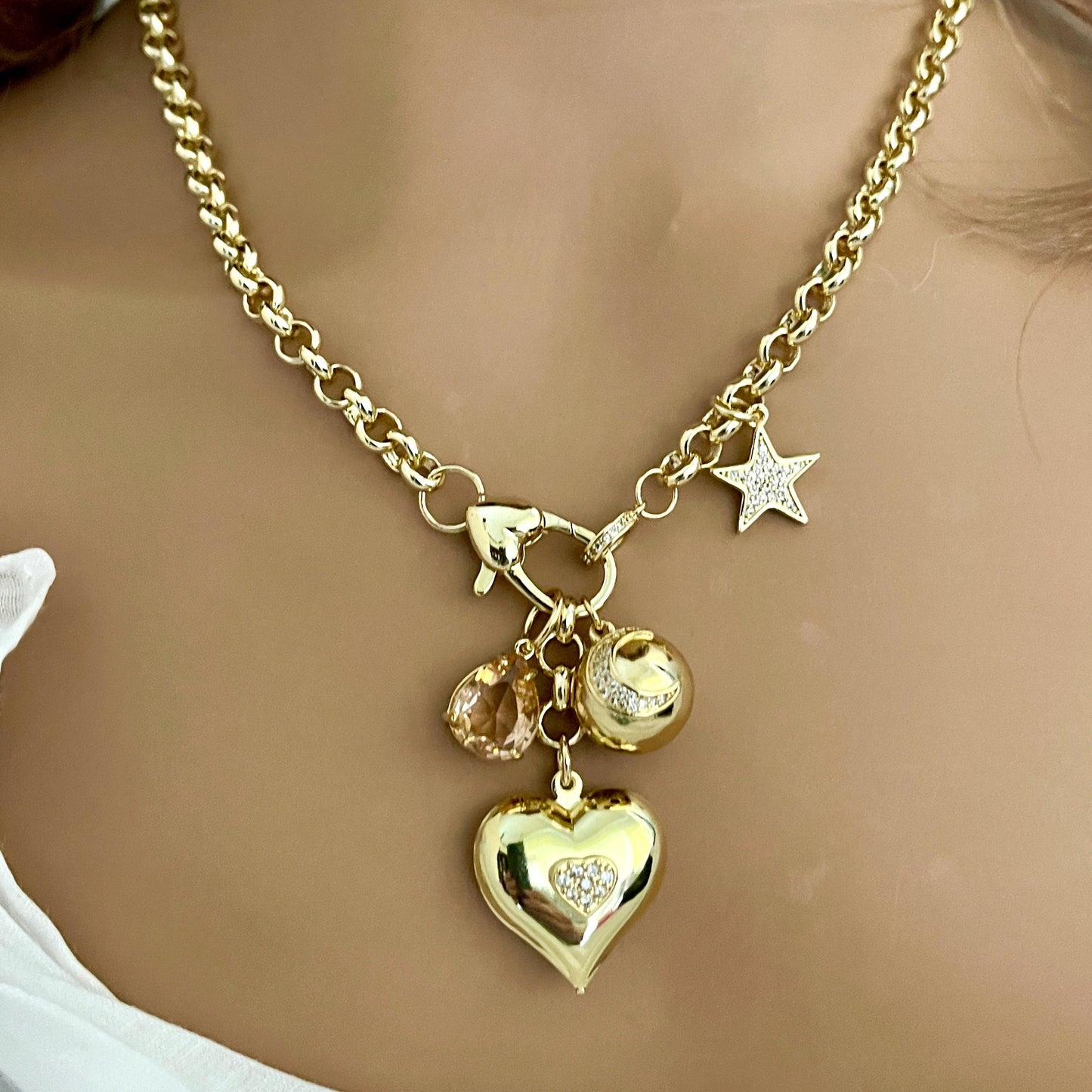 Gold Multi Charm Necklace-Gold Micro Pave Charms-Peach Crystal Pendant- Moon Pendant-Heart Pendant-CZ Star Charm-Rolo Chain-Lobster Clasp