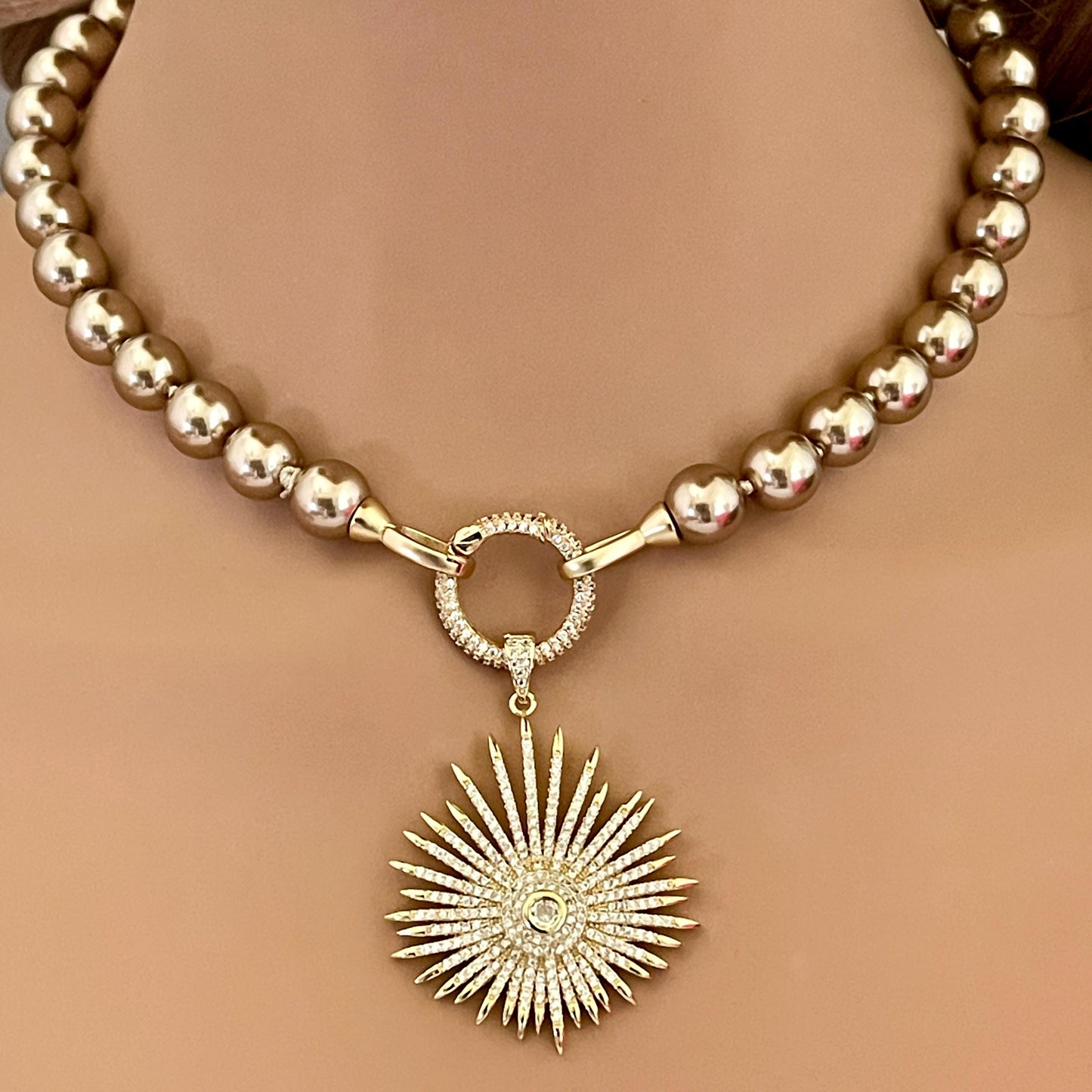 Gold/Bronze Porcelain Glass Replica Pearl Necklace-Gold Mico Pave Sun Burst Pendant- Hand Knotted 18" Strand -Micro Pave Spring Lock Clasp