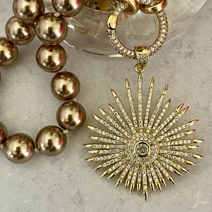 Gold/Bronze Porcelain Glass Replica Pearl Necklace-Gold Mico Pave Sun Burst Pendant- Hand Knotted 18" Strand -Micro Pave Spring Lock Clasp