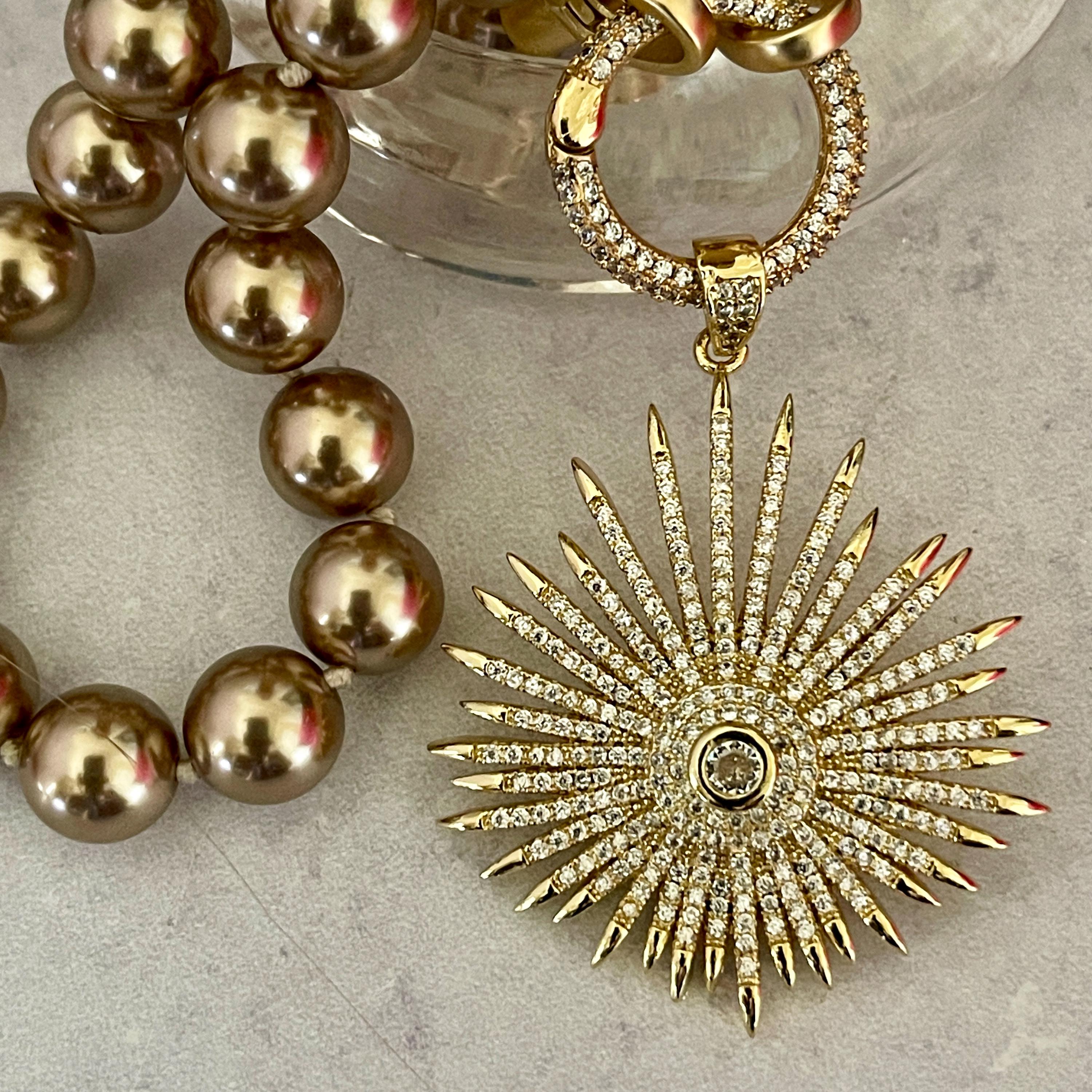 Hand Knotted Bronze Pearl Necklace – Gold Micro Pave Sunburst Pendant