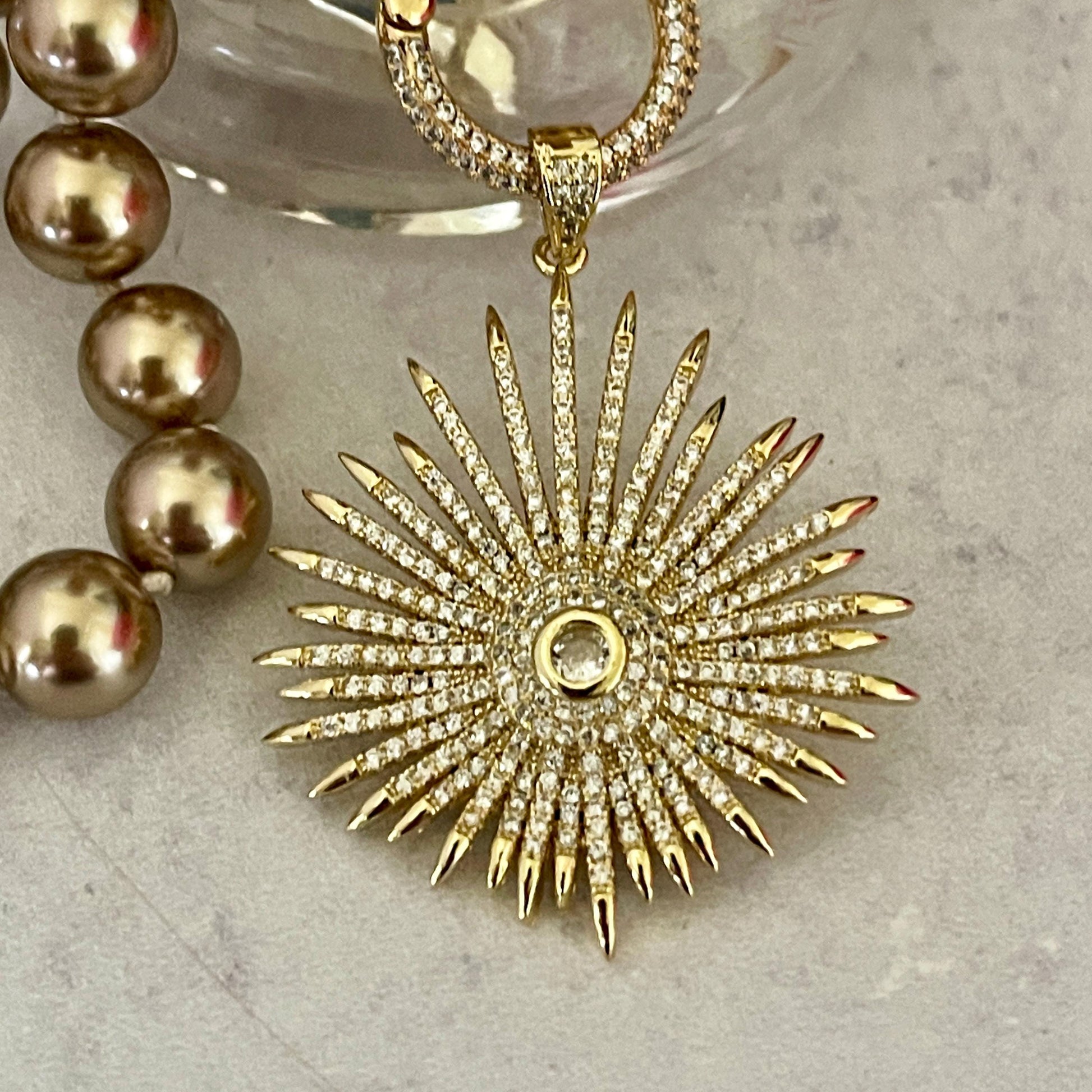 Gold/Bronze Porcelain Glass Replica Pearl Necklace-Gold Mico Pave Sun Burst Pendant- Hand Knotted 18" Strand -Micro Pave Spring Lock Clasp