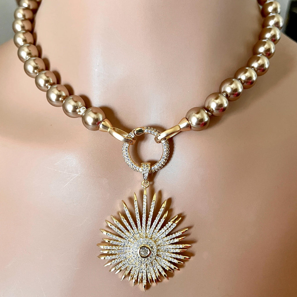 Gold/Bronze Porcelain Glass Replica Pearl Necklace-Gold Mico Pave Sun Burst Pendant- Hand Knotted 18" Strand -Micro Pave Spring Lock Clasp