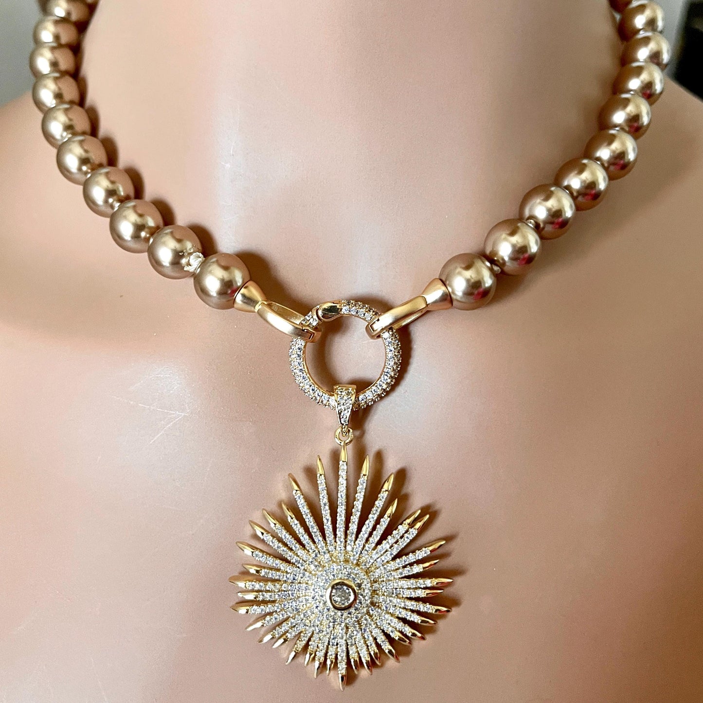 Gold/Bronze Porcelain Glass Replica Pearl Necklace-Gold Mico Pave Sun Burst Pendant- Hand Knotted 18" Strand -Micro Pave Spring Lock Clasp