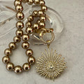 Hand Knotted Bronze Pearl Necklace – Gold Micro Pave Sunburst Pendant