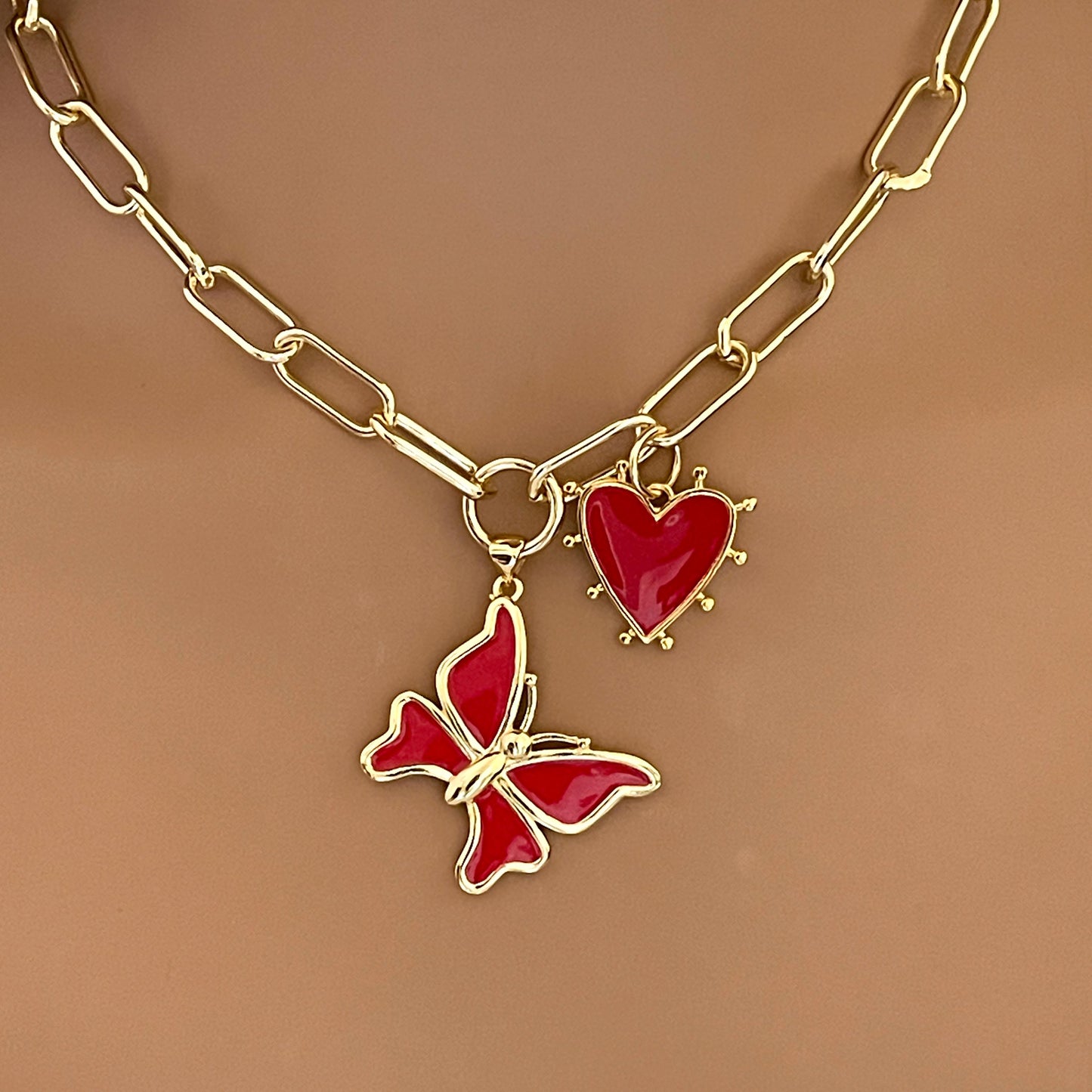 Gold Paperclip Charm Necklace-Red Heart /Red Butterfly Enamel Pendant-Charm Necklace-Lobster Clasp-Gift For Her