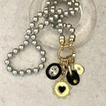 Grey Porcelain Pearl Charm Necklace -Glass Replica 6mmPearls-4 Gold and Black Enamel Charms- Hand Knotted 17"-Rope Design Spring Lock Clasp