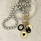 Grey Porcelain Pearl Charm Necklace -Glass Replica 6mmPearls-4 Gold and Black Enamel Charms- Hand Knotted 17"-Rope Design Spring Lock Clasp