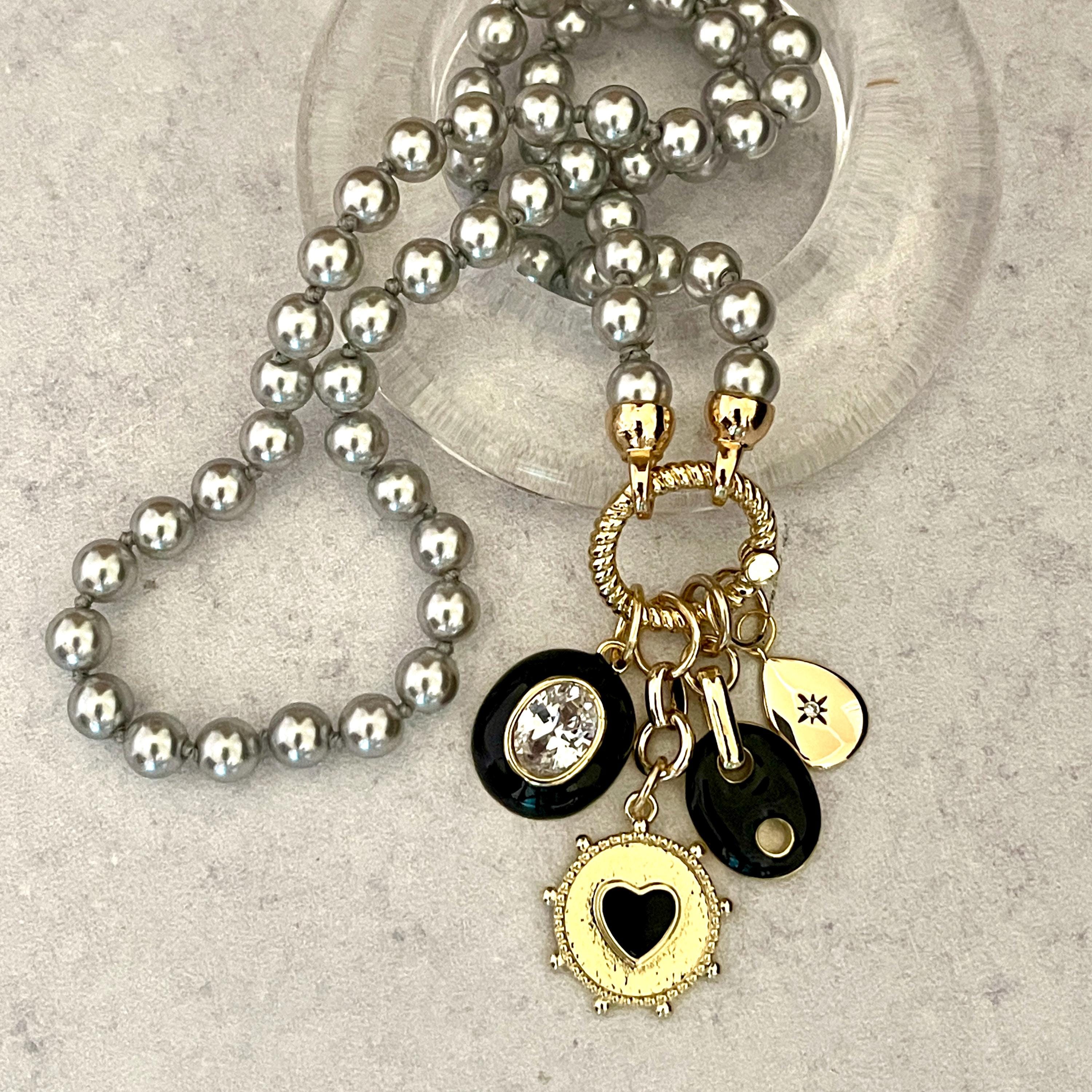Grey Porcelain Pearl Charm Necklace -Glass Replica 6mmPearls-4 Gold and Black Enamel Charms- Hand Knotted 17"-Rope Design Spring Lock Clasp