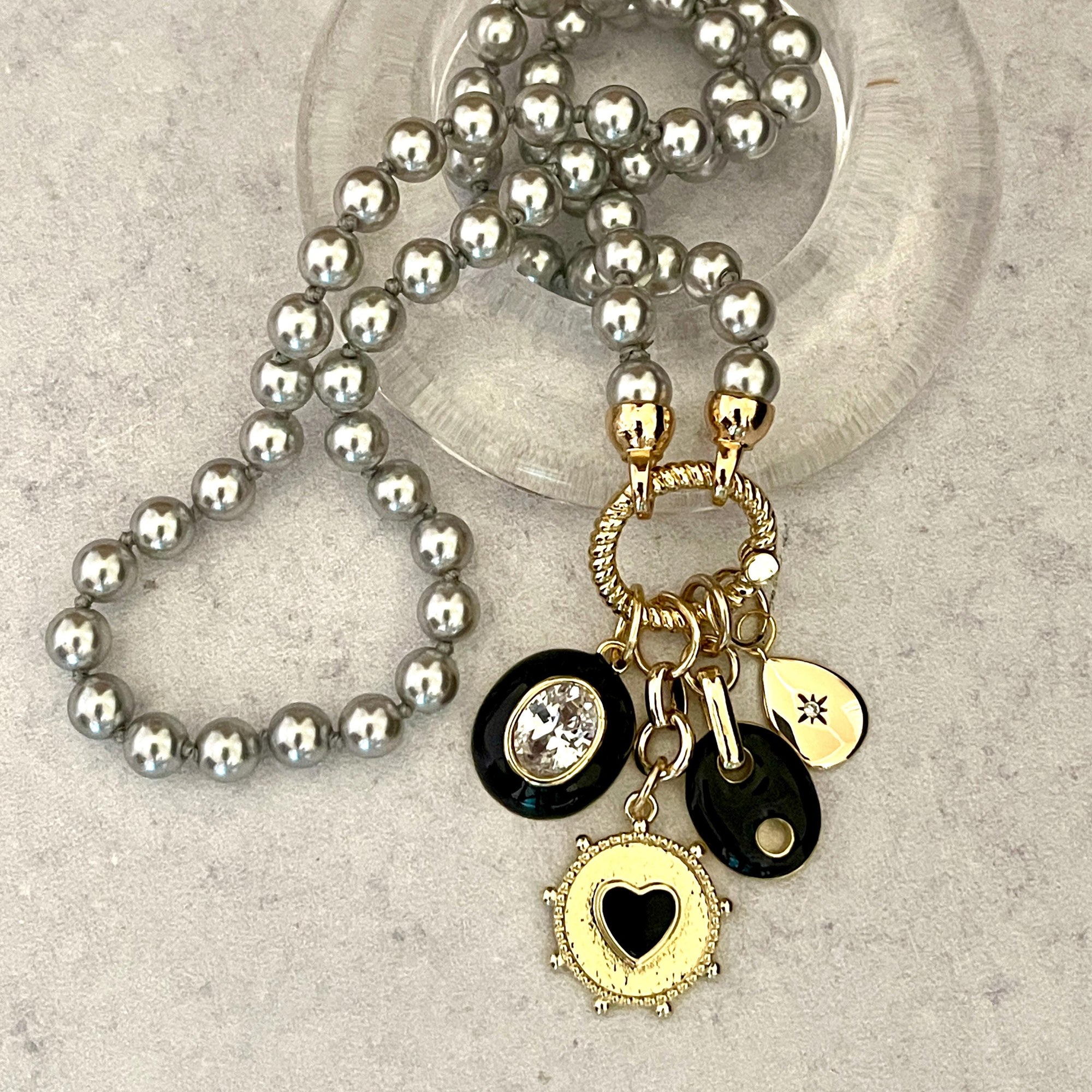 Grey Porcelain Pearl Charm Necklace -Glass Replica 6mmPearls-4 Gold and Black Enamel Charms- Hand Knotted 17"-Rope Design Spring Lock Clasp