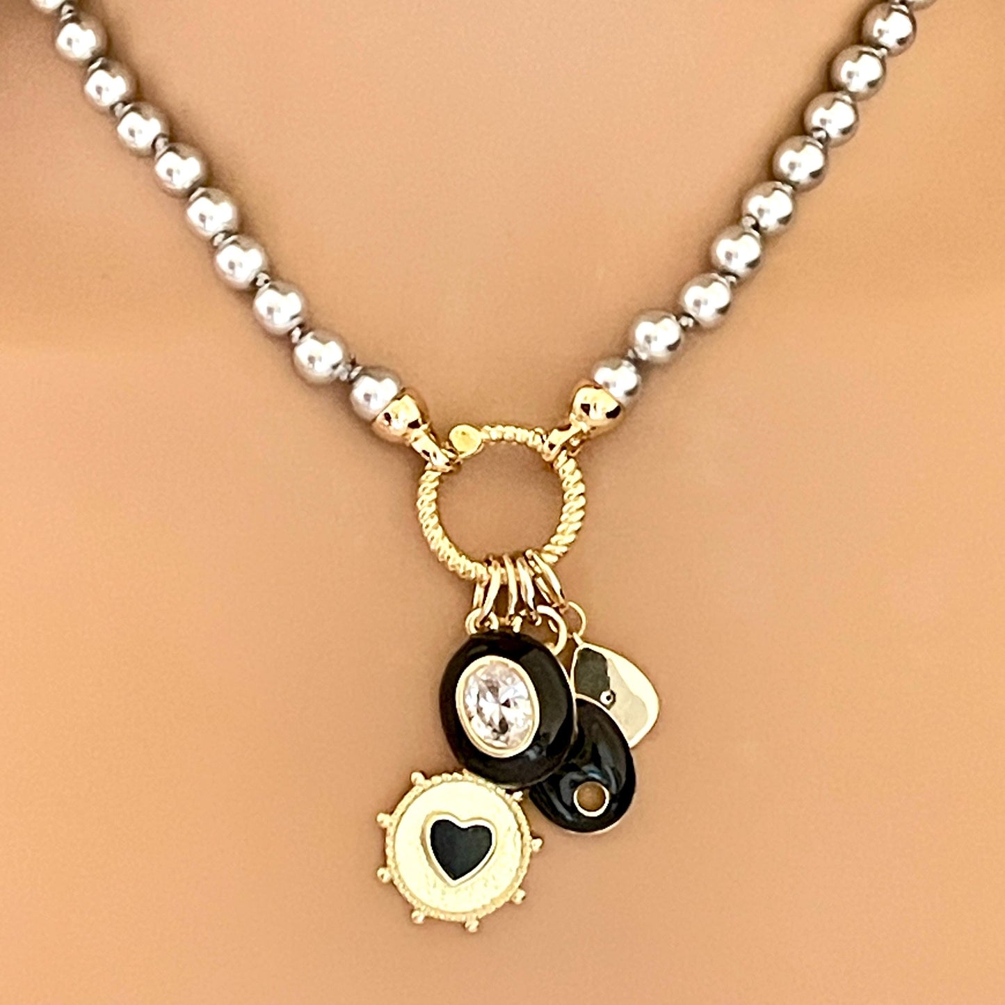 Grey Porcelain Pearl Charm Necklace -Glass Replica 6mmPearls-4 Gold and Black Enamel Charms- Hand Knotted 17"-Rope Design Spring Lock Clasp