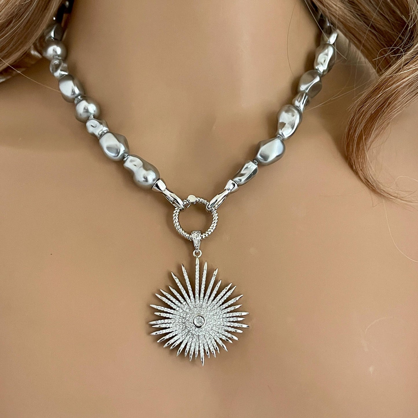 Grey Baroque Pearl Necklace-Porcelain Glass Replica Pearls-Silver Micro Pave Sun Burst Pendant-Hand Knotted 18" Strand-Spring Lock Clasp