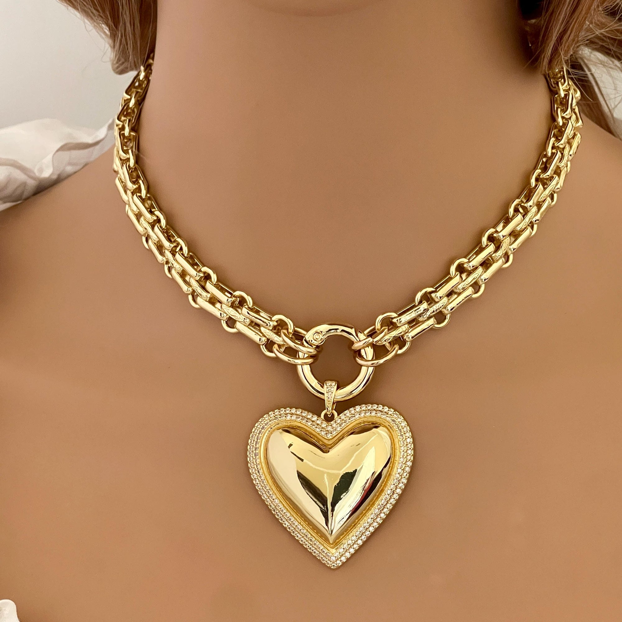 Gold Chunky Multilink Chain Necklace-Large Heart Pendant-Micro Pave Bezel- Gold Textured Chain Necklace-Spring Clasp-Gift For Her