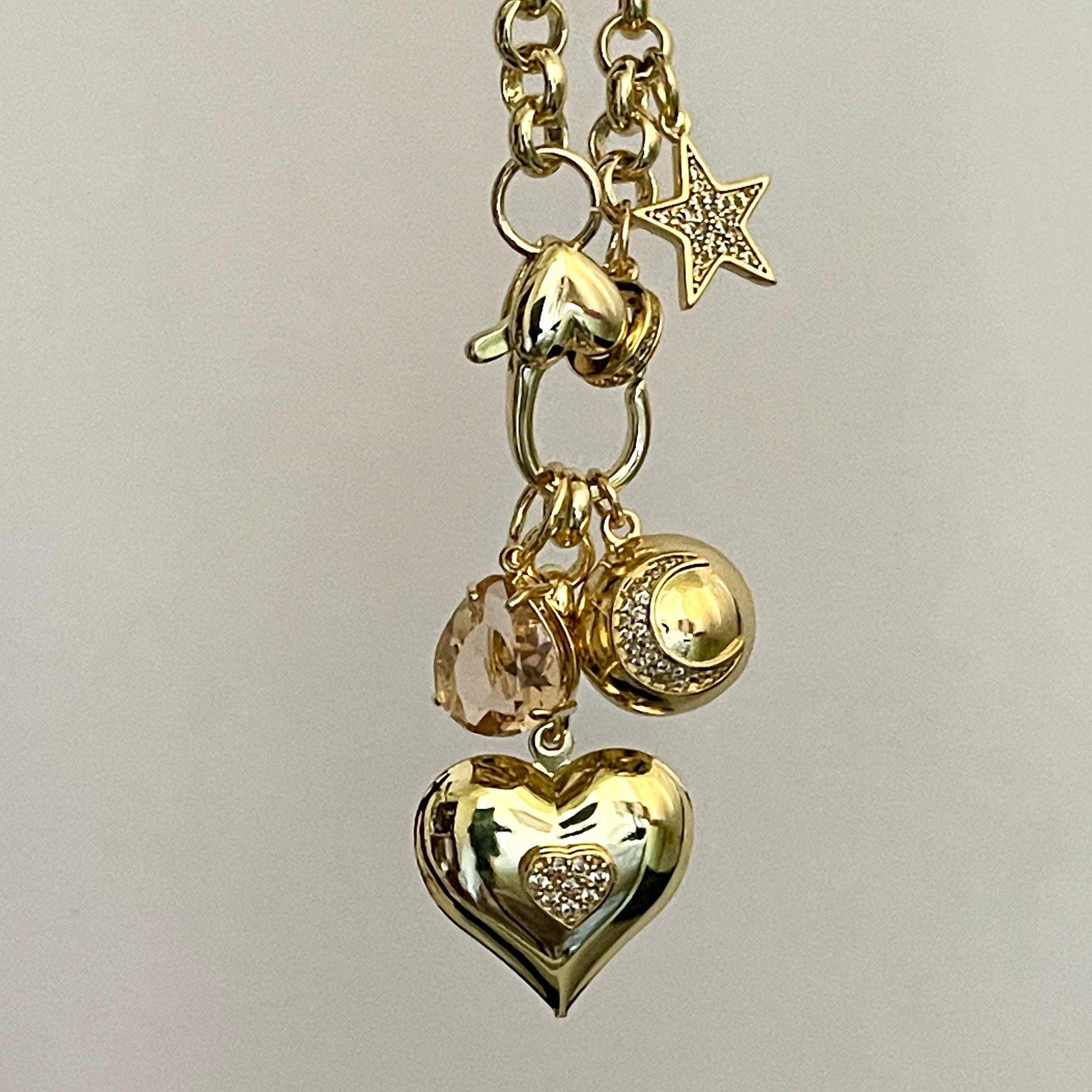 Gold Multi Charm Necklace-Gold Micro Pave Charms-Peach Crystal Pendant- Moon Pendant-Heart Pendant-CZ Star Charm-Rolo Chain-Lobster Clasp