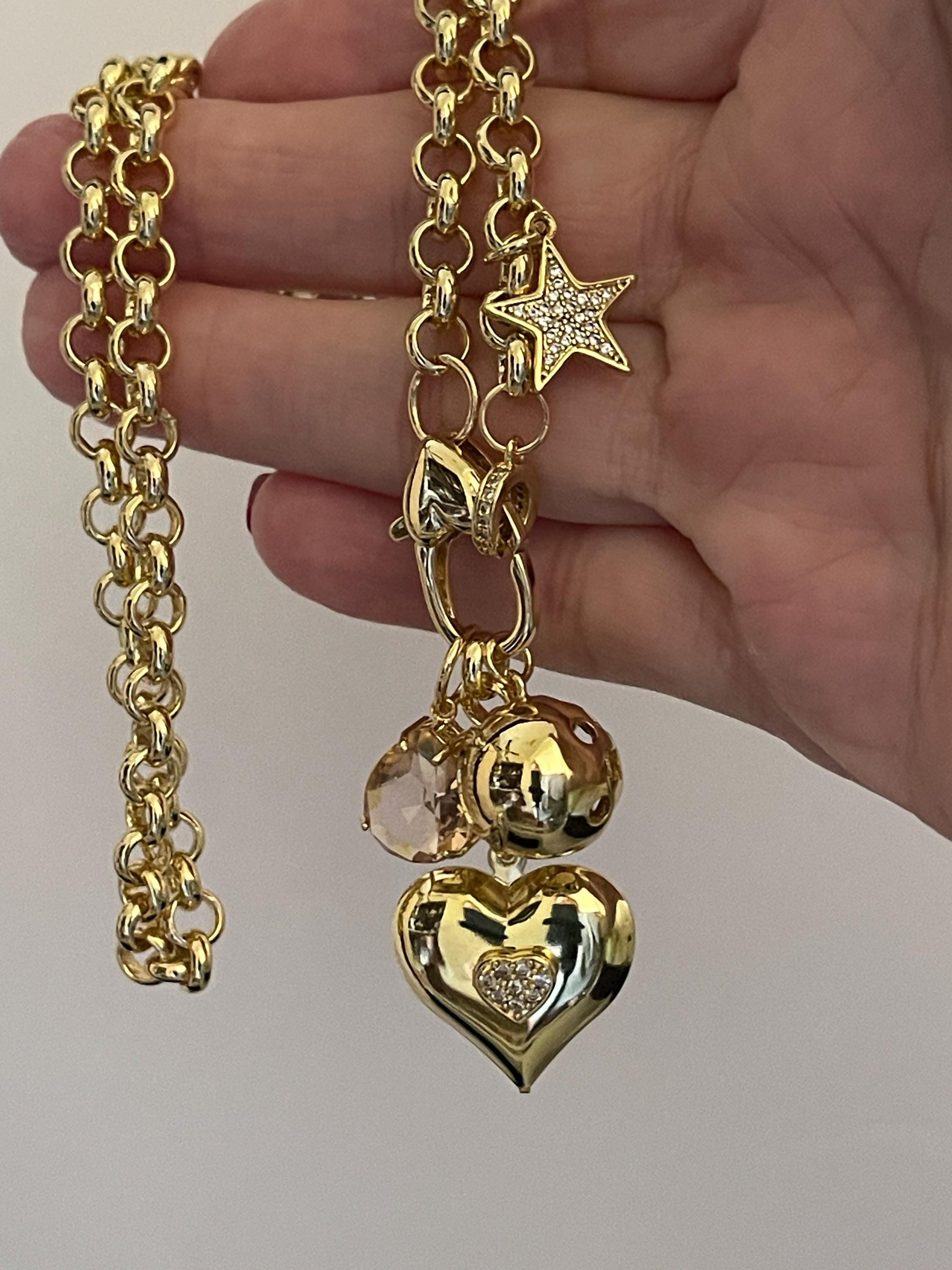 Gold Multi Charm Necklace-Gold Micro Pave Charms-Peach Crystal Pendant- Moon Pendant-Heart Pendant-CZ Star Charm-Rolo Chain-Lobster Clasp