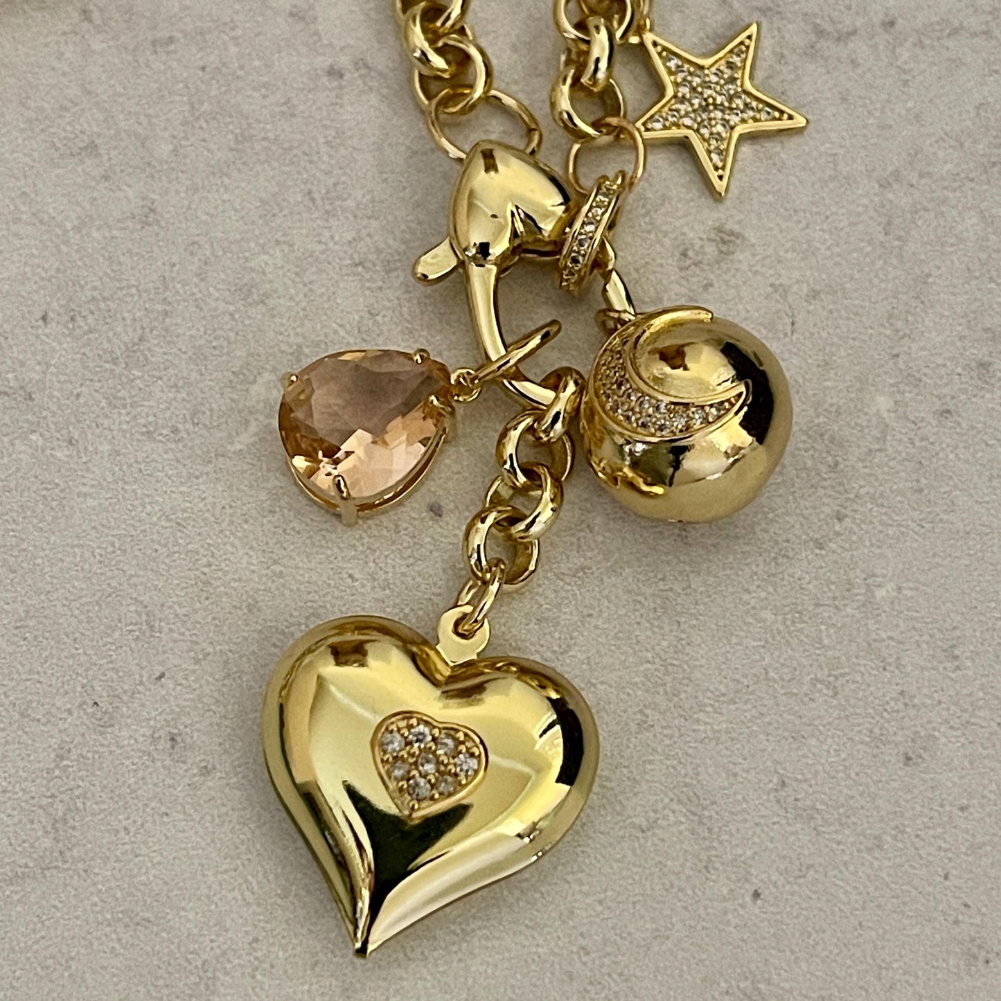 Gold Multi Charm Necklace-Gold Micro Pave Charms-Peach Crystal Pendant- Moon Pendant-Heart Pendant-CZ Star Charm-Rolo Chain-Lobster Clasp