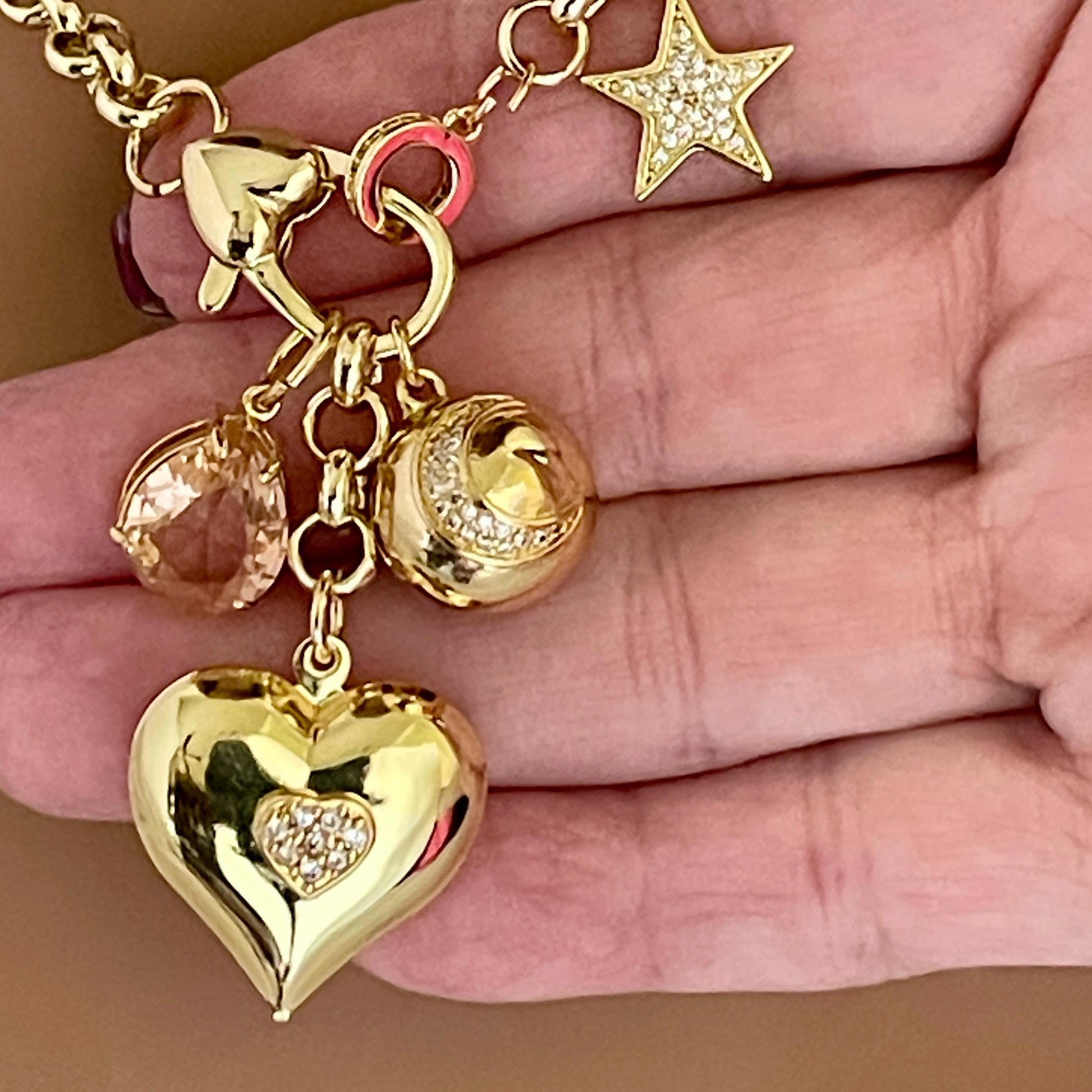 Gold Multi Charm Necklace-Gold Micro Pave Charms-Peach Crystal Pendant- Moon Pendant-Heart Pendant-CZ Star Charm-Rolo Chain-Lobster Clasp