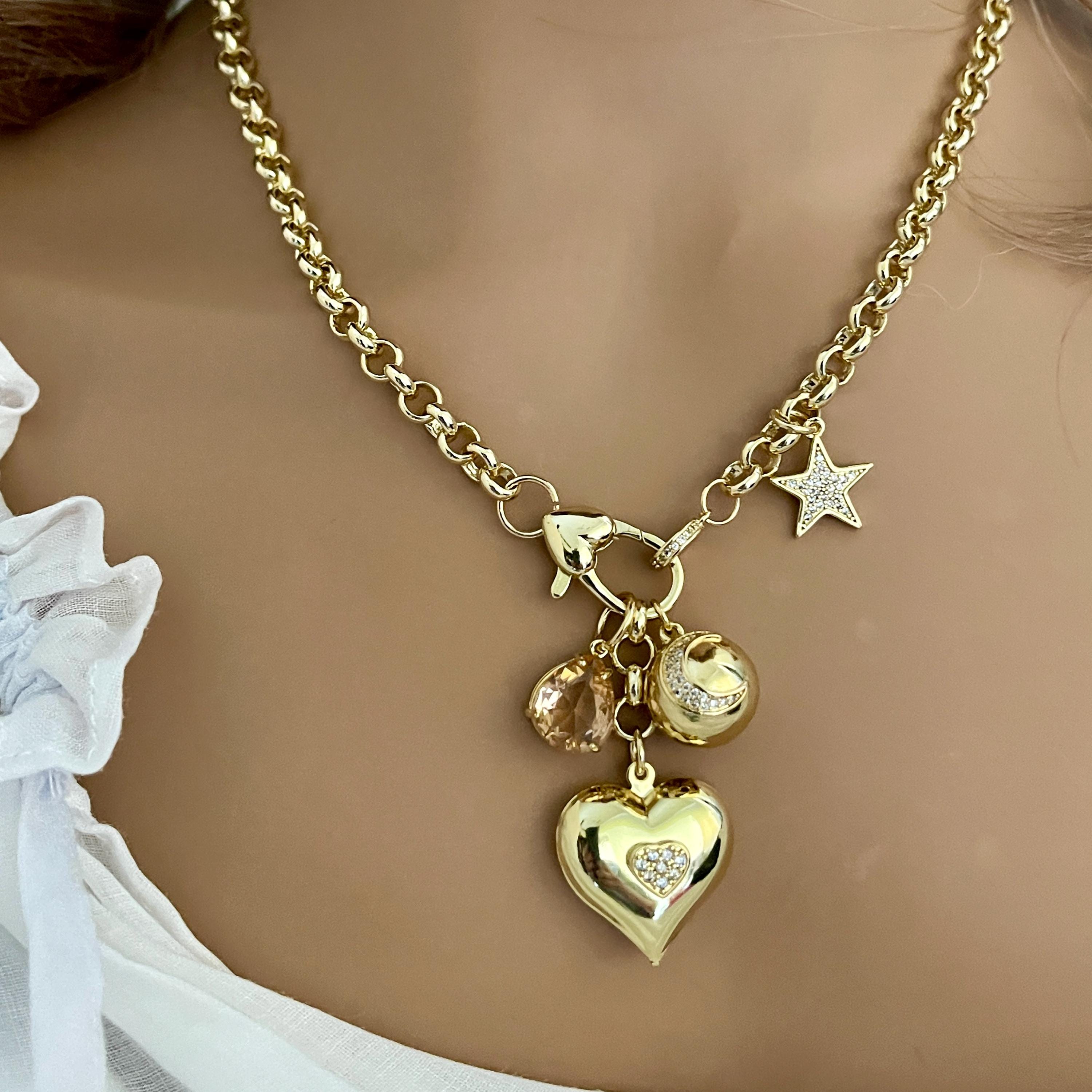 Gold Charm Necklace – Micro Pave Star, Heart, Peach Crystal