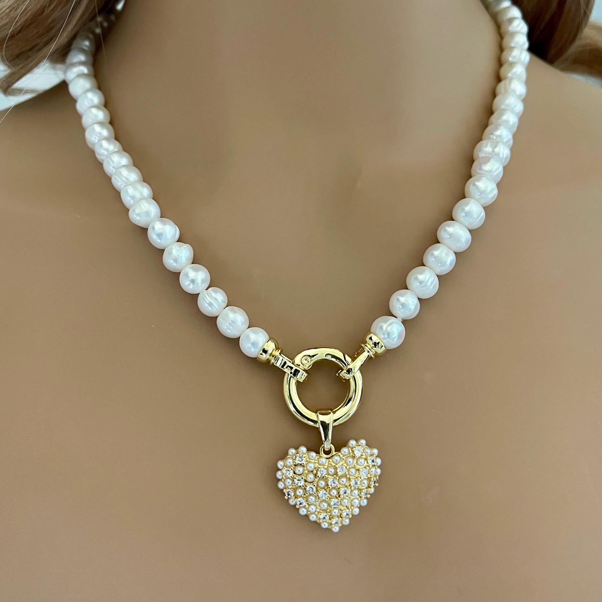 Freshwater Pearl Necklace-Pearl Encrusted Heart Pendant-Length 16ins-18ins-20ins-Spring Lock Clasp-Gift For Her