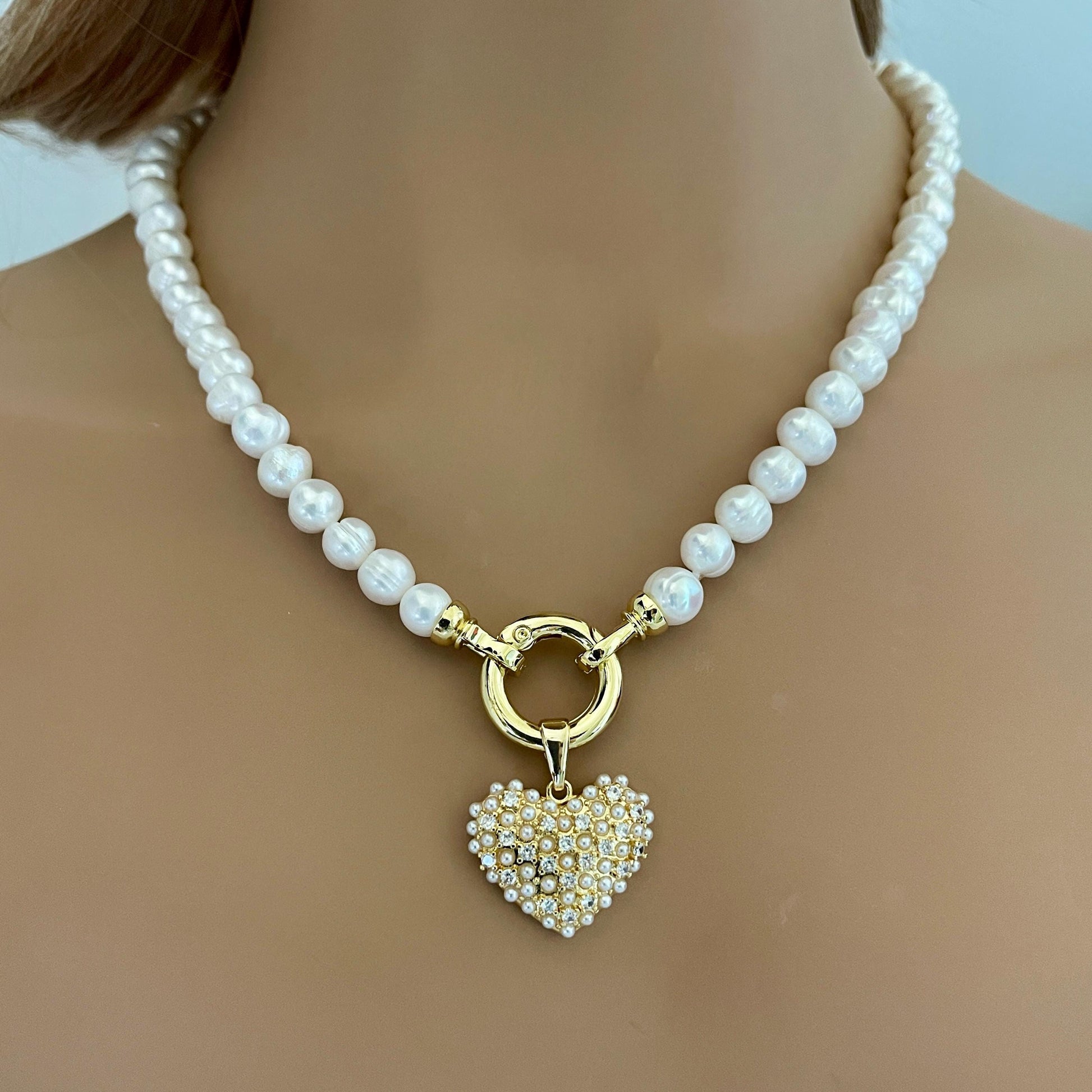 Freshwater Pearl Necklace-Pearl Encrusted Heart Pendant-Length 16ins-18ins-20ins-Spring Lock Clasp-Gift For Her