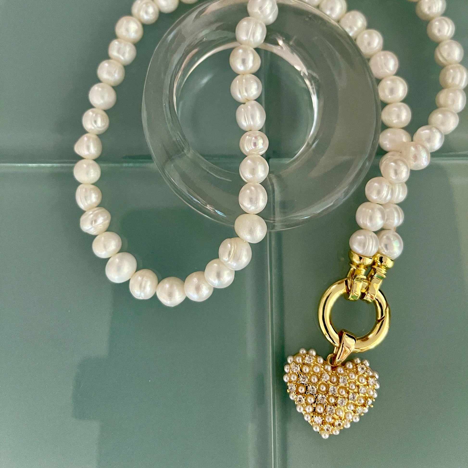 Freshwater Pearl Necklace-Pearl Encrusted Heart Pendant-Length 16ins-18ins-20ins-Spring Lock Clasp-Gift For Her