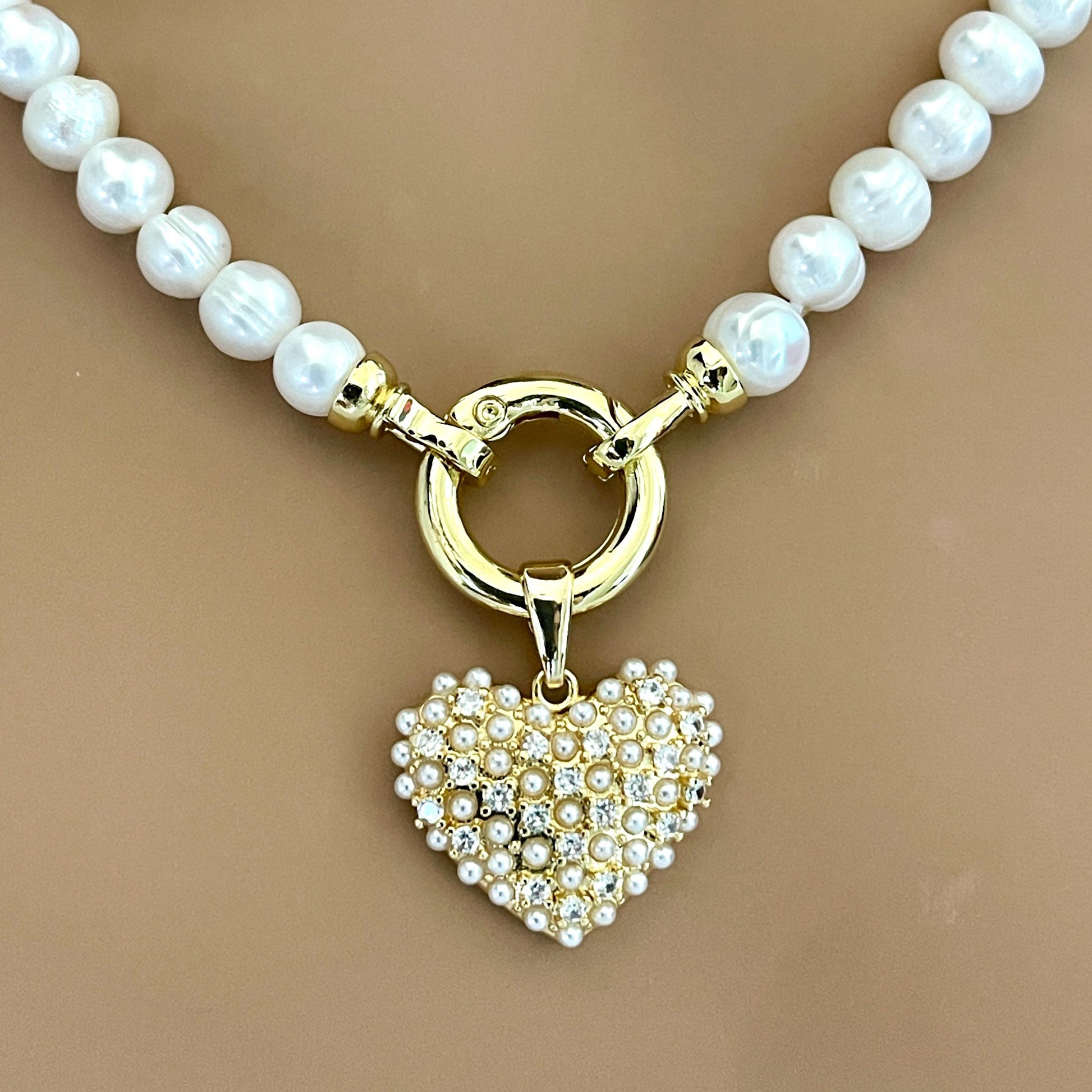 Freshwater Pearl Necklace-Pearl Encrusted Heart Pendant-Length 16ins-18ins-20ins-Spring Lock Clasp-Gift For Her