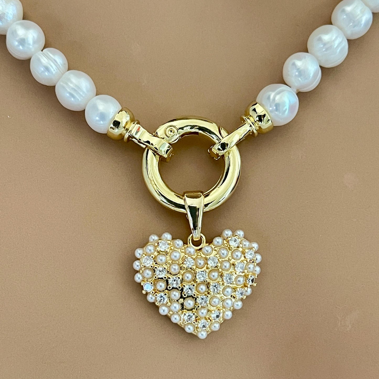 Freshwater Pearl Necklace-Pearl Encrusted Heart Pendant-Length 16ins-18ins-20ins-Spring Lock Clasp-Gift For Her