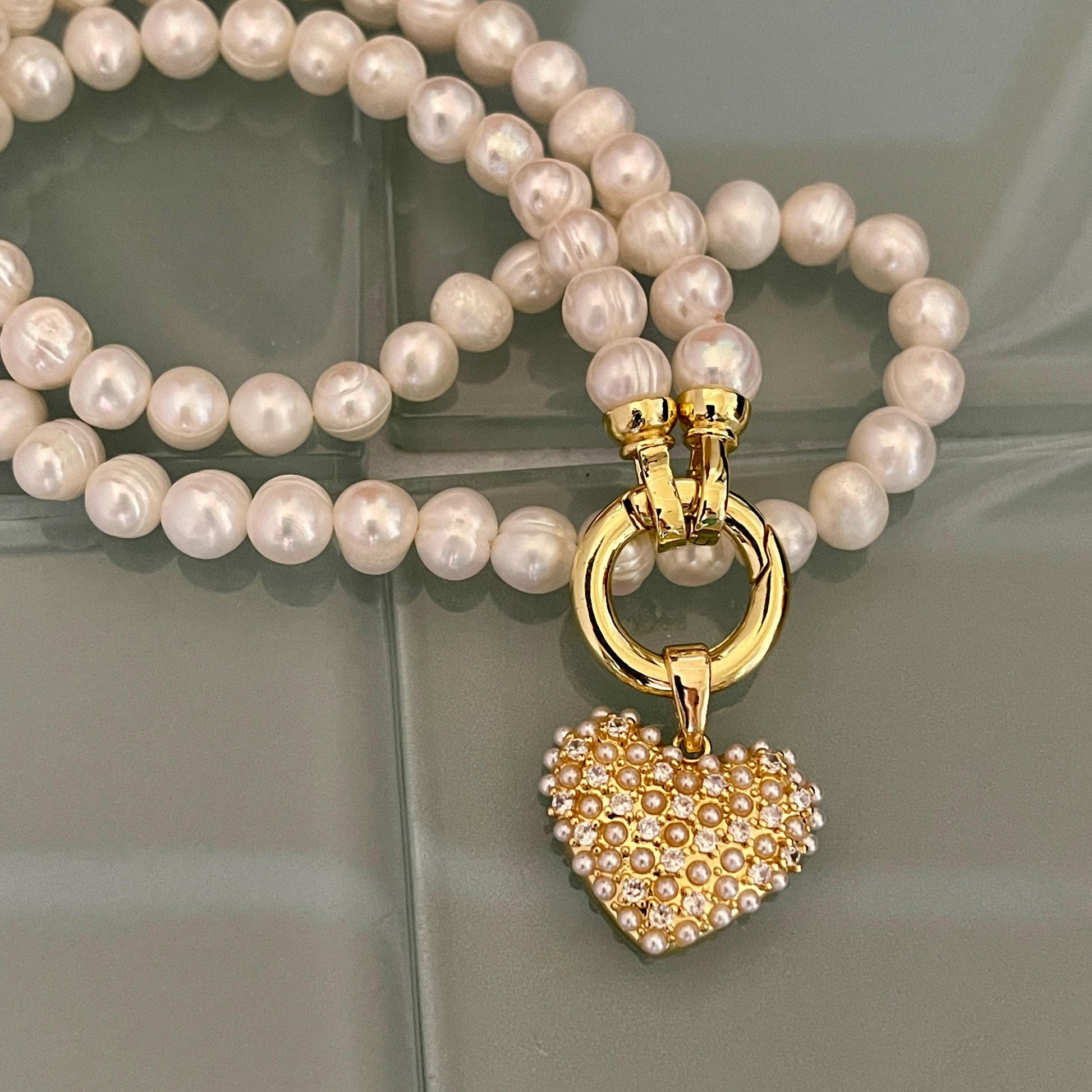 Freshwater Pearl Necklace-Pearl Encrusted Heart Pendant-Length 16ins-18ins-20ins-Spring Lock Clasp-Gift For Her