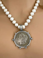 Freshwater Pearl Necklace-Silver Reproduction Morgan Coin Pendant-18in Strand-Antique Style -Spiked Bezel Pendant-Gift For Her
