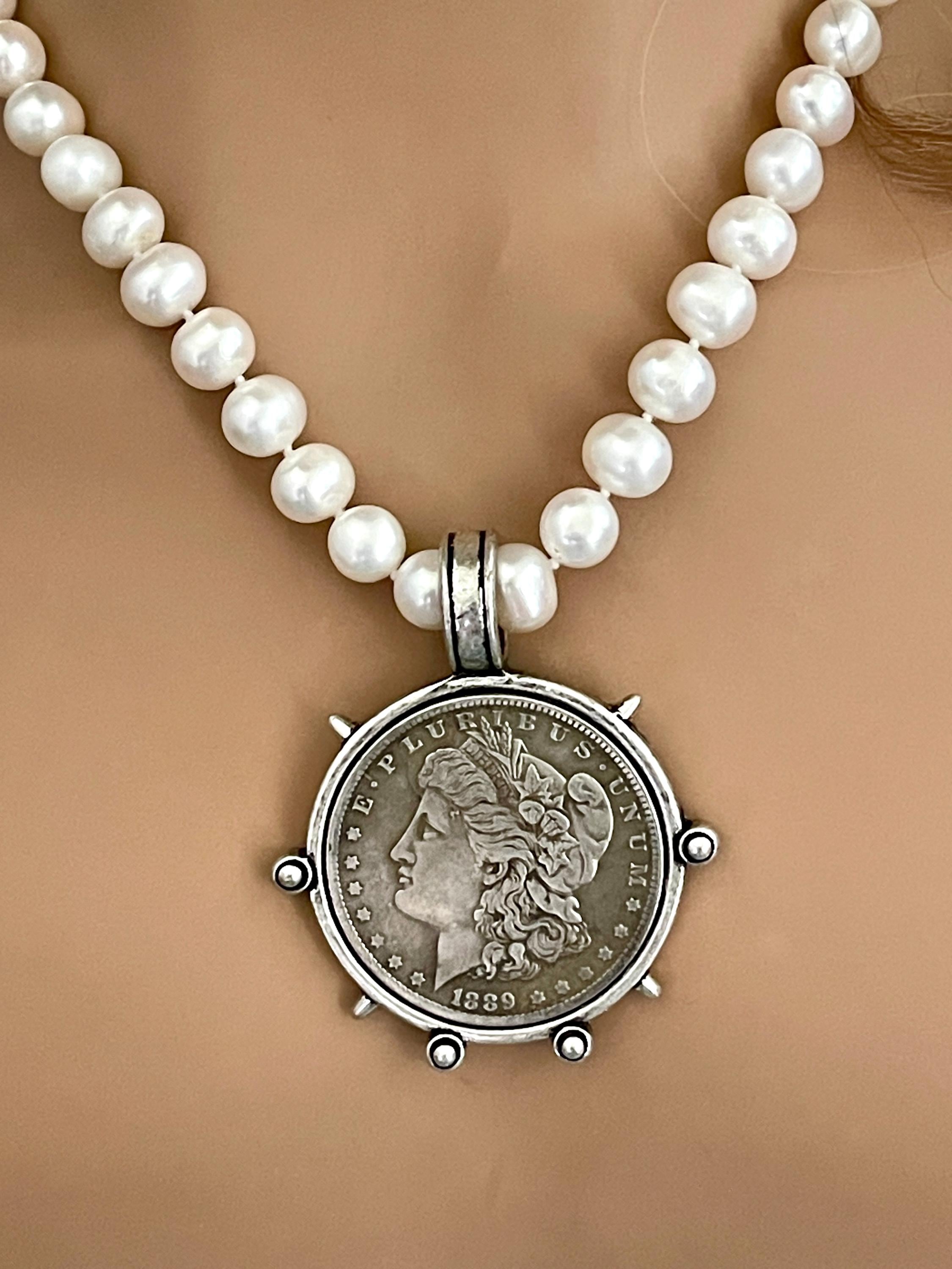 Freshwater Pearl Necklace-Silver Reproduction Morgan Coin Pendant-18in Strand-Antique Style -Spiked Bezel Pendant-Gift For Her