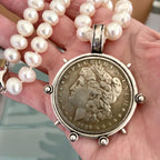 Freshwater Pearl Necklace-Silver Reproduction Morgan Coin Pendant-18in Strand-Antique Style -Spiked Bezel Pendant-Gift For Her