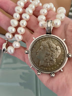 Freshwater Pearl Necklace-Silver Reproduction Morgan Coin Pendant-18in Strand-Antique Style -Spiked Bezel Pendant-Gift For Her