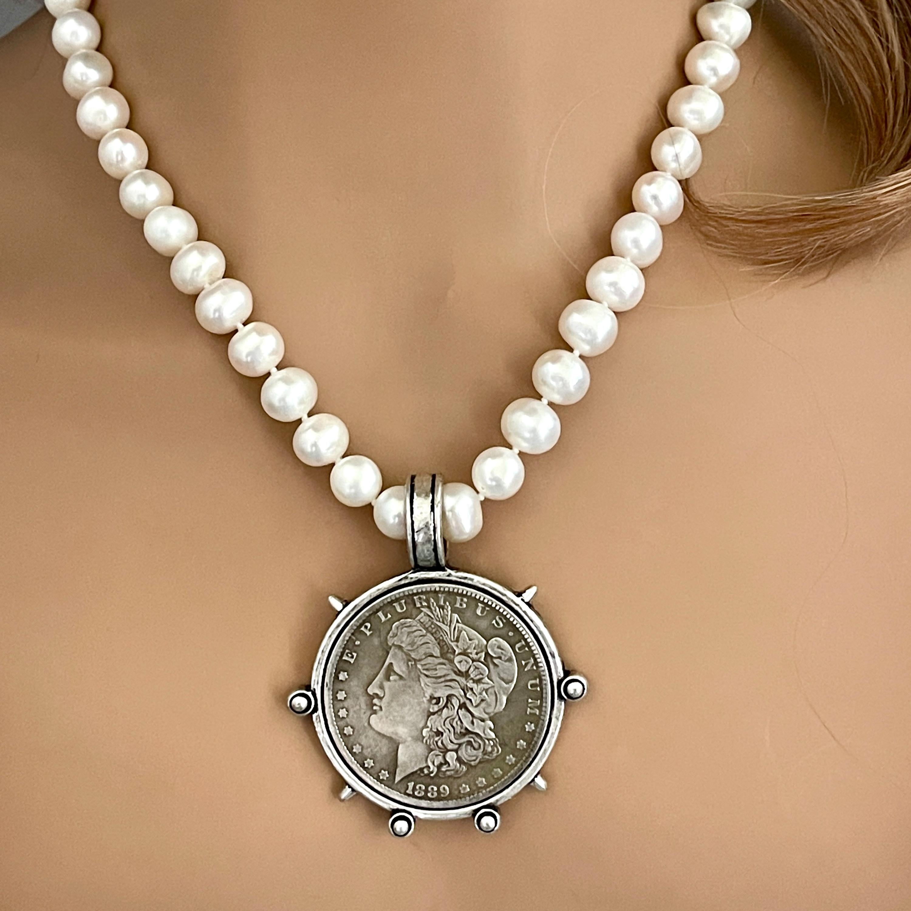 Freshwater Pearl Necklace-Silver Reproduction Morgan Coin Pendant-18in Strand-Antique Style -Spiked Bezel Pendant-Gift For Her