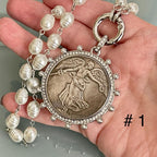 Reproduction Coin Pendant Necklace: CZ & Pearl Bezel, Silver Clasp
