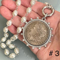 Reproduction Coin Pendant Necklace: CZ & Pearl Bezel, Silver Clasp