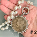 Silver Coin Pendant Necklace: Reproduction French Medal, CZ & Pearl Bezel
