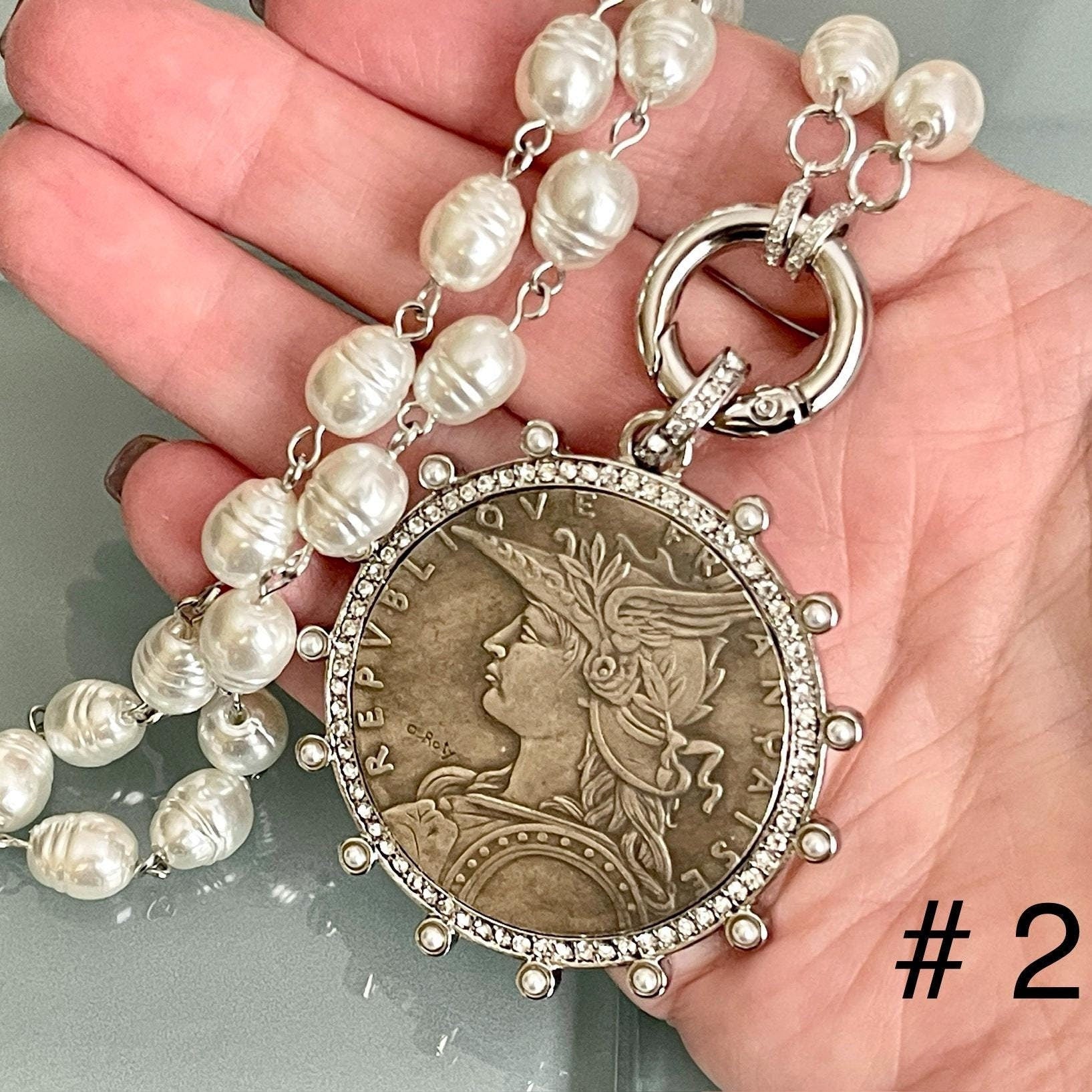 Silver Coin Pendant Necklace: Reproduction French Medal, CZ & Pearl Bezel