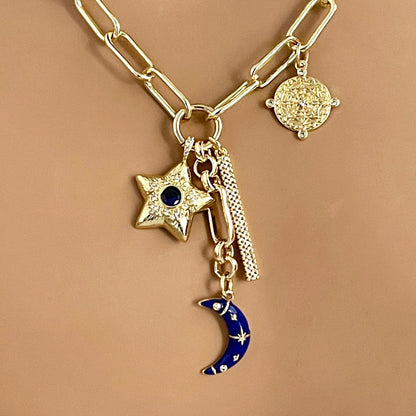 Multi-Charm Necklaces- Choice Of 3 Layering Necklaces -Blue Enamel Moon Charm-CZ Star-CZ Bar-CZ Compass-Evil Eye-Vintage Charm-Gift For Her