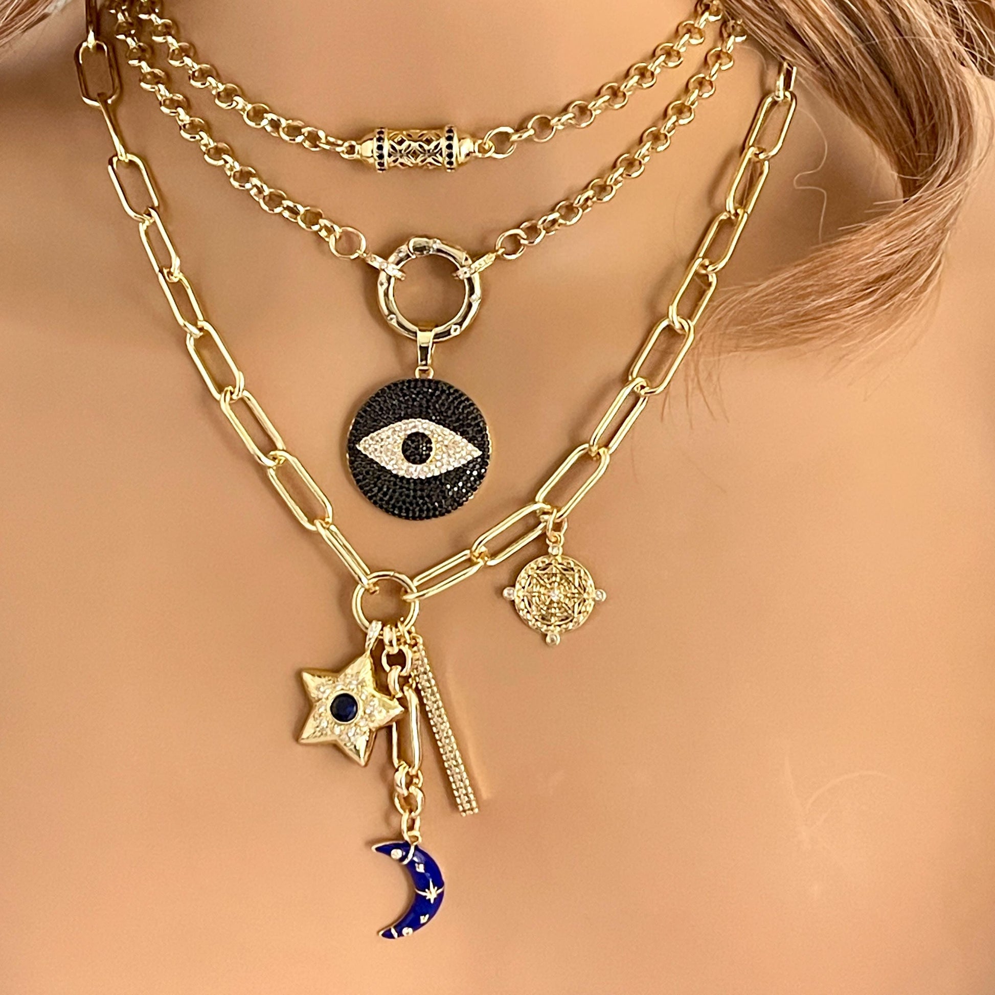 Multi-Charm Necklaces- Choice Of 3 Layering Necklaces -Blue Enamel Moon Charm-CZ Star-CZ Bar-CZ Compass-Evil Eye-Vintage Charm-Gift For Her