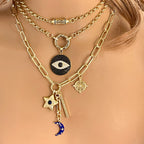Gold Charm Layering Necklaces – CZ Star, Enamel Moon, Evil Eye