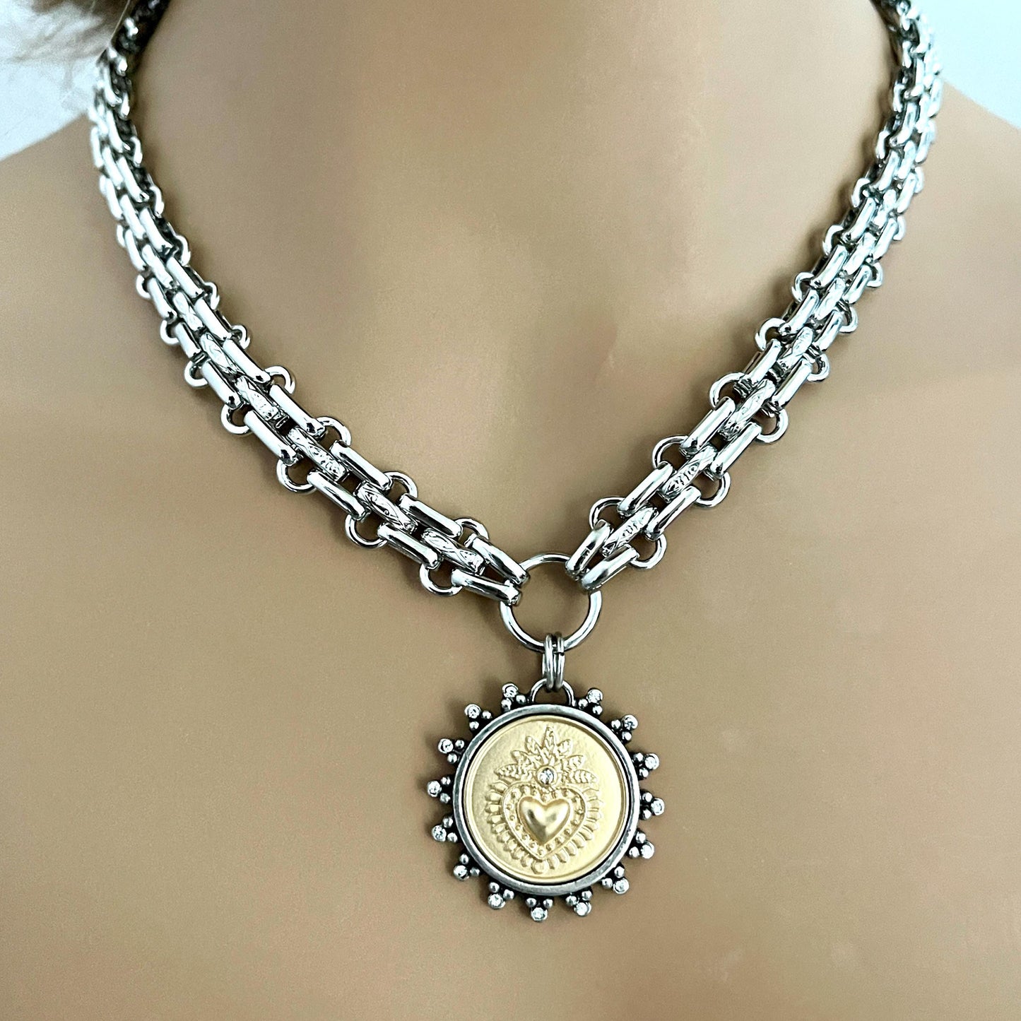 Silver Chunky Multilink Chain Necklace-Sacred Heart Rhinestone Coin Pendant-Choice of Silver/Gold Coin-Lobster Clasp-Spiritual-Gift For Her