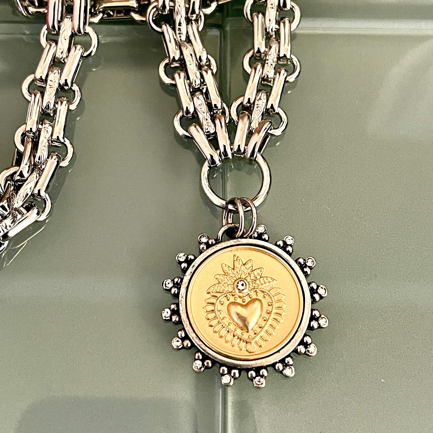 Silver Chunky Multilink Chain Necklace-Sacred Heart Rhinestone Coin Pendant-Choice of Silver/Gold Coin-Lobster Clasp-Spiritual-Gift For Her