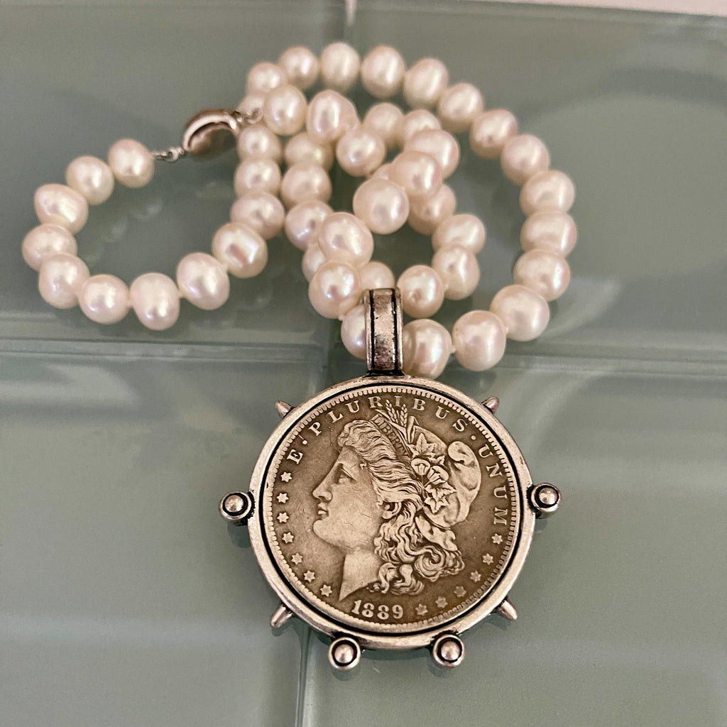 Freshwater Pearl Necklace-Silver Reproduction Morgan Coin Pendant-18in Strand-Antique Style -Spiked Bezel Pendant-Gift For Her