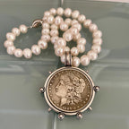 Freshwater Pearl Necklace-Silver Reproduction Morgan Coin Pendant-18in Strand-Antique Style -Spiked Bezel Pendant-Gift For Her
