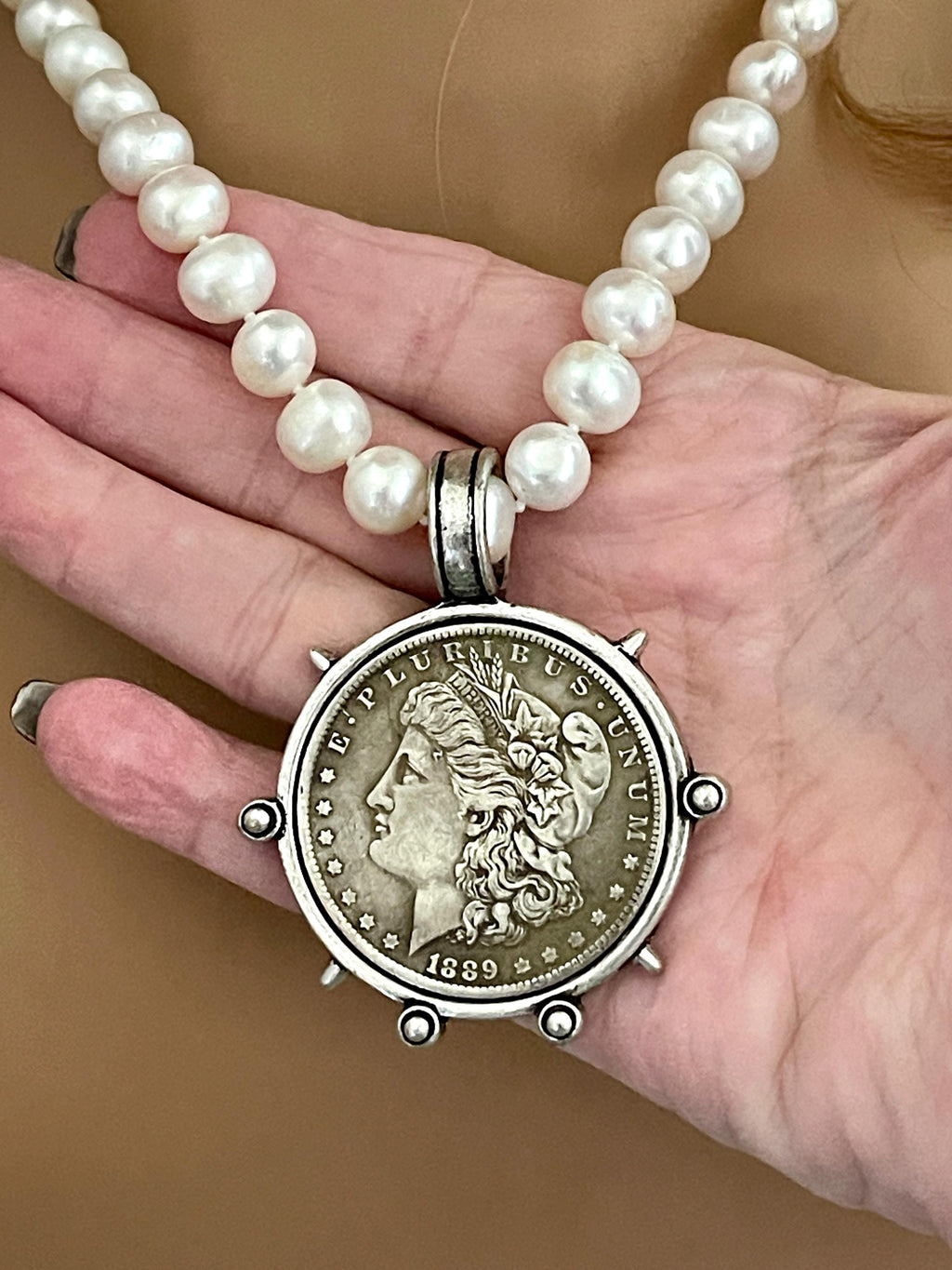Freshwater Pearl Necklace-Silver Reproduction Morgan Coin Pendant-18in Strand-Antique Style -Spiked Bezel Pendant-Gift For Her