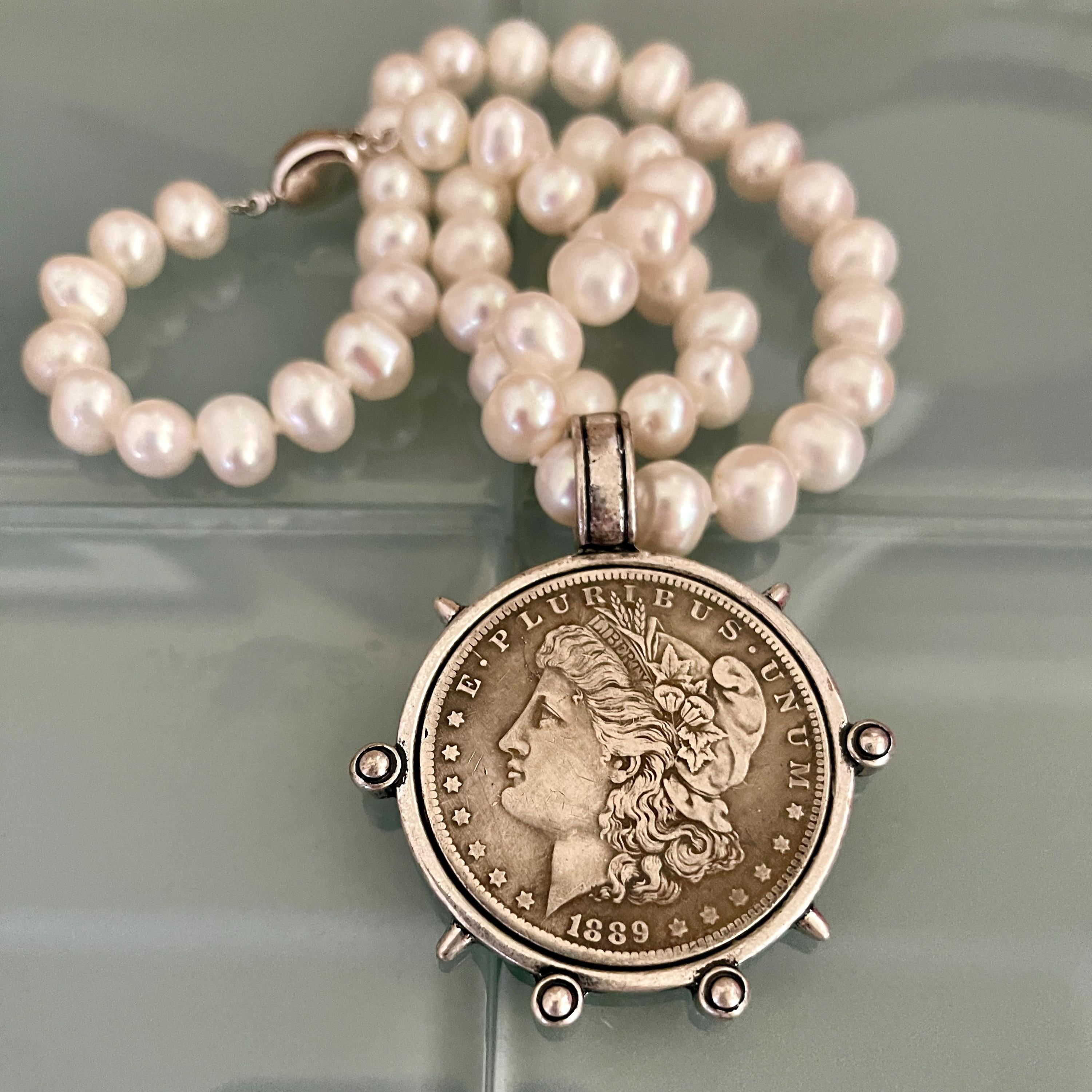 Freshwater Pearl Necklace-Silver Reproduction Morgan Coin Pendant-18in Strand-Antique Style -Spiked Bezel Pendant-Gift For Her