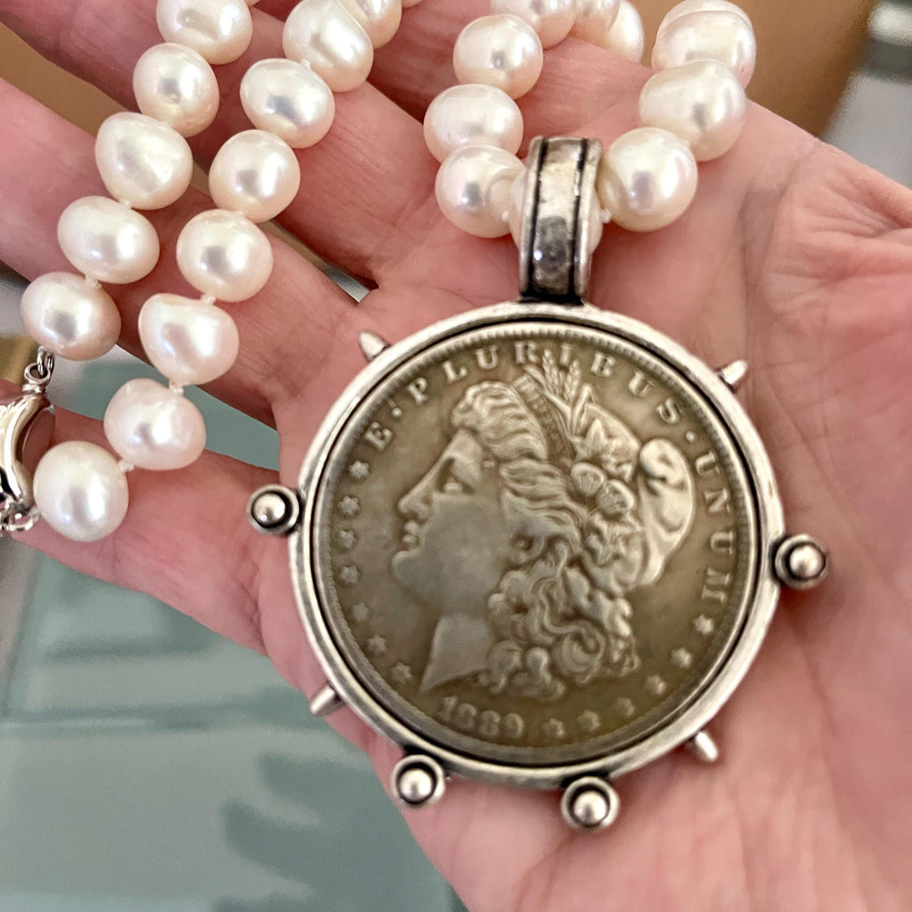 Freshwater Pearl Necklace-Silver Reproduction Morgan Coin Pendant-18in Strand-Antique Style -Spiked Bezel Pendant-Gift For Her