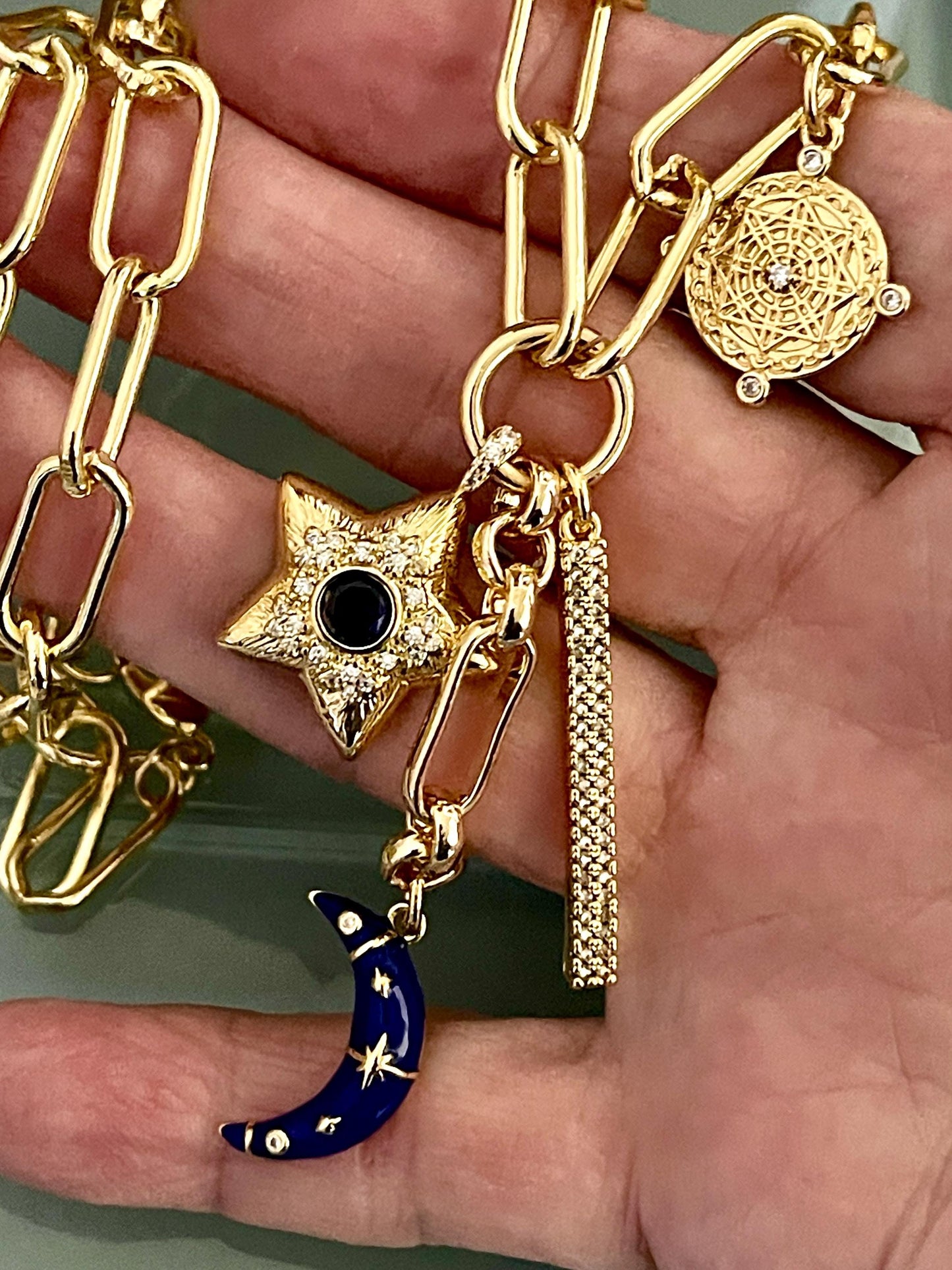 Multi-Charm Necklaces- Choice Of 3 Layering Necklaces -Blue Enamel Moon Charm-CZ Star-CZ Bar-CZ Compass-Evil Eye-Vintage Charm-Gift For Her